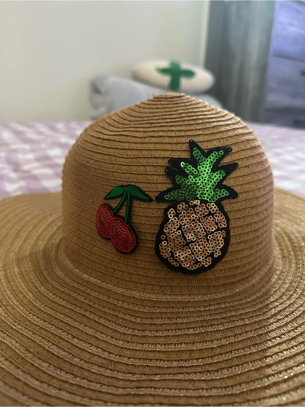 Sequin Pineapple & Cherry Sun Hat - Tan